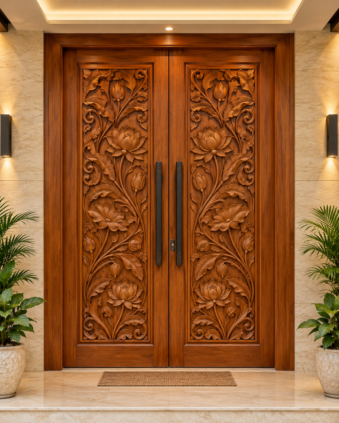 Ornate double wooden entrance door carved with lotus flowers